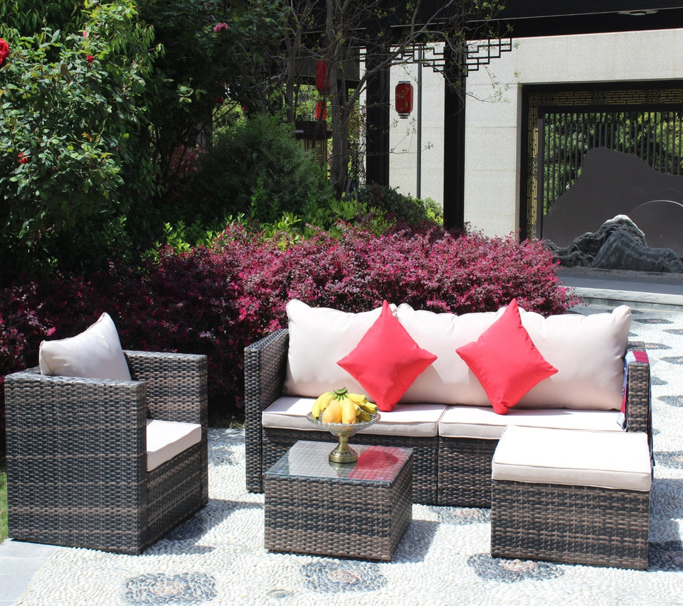Rattan Patio Furniture Set Wicker Sofa Cushioned Sectional, 4 Pc Garden Set
