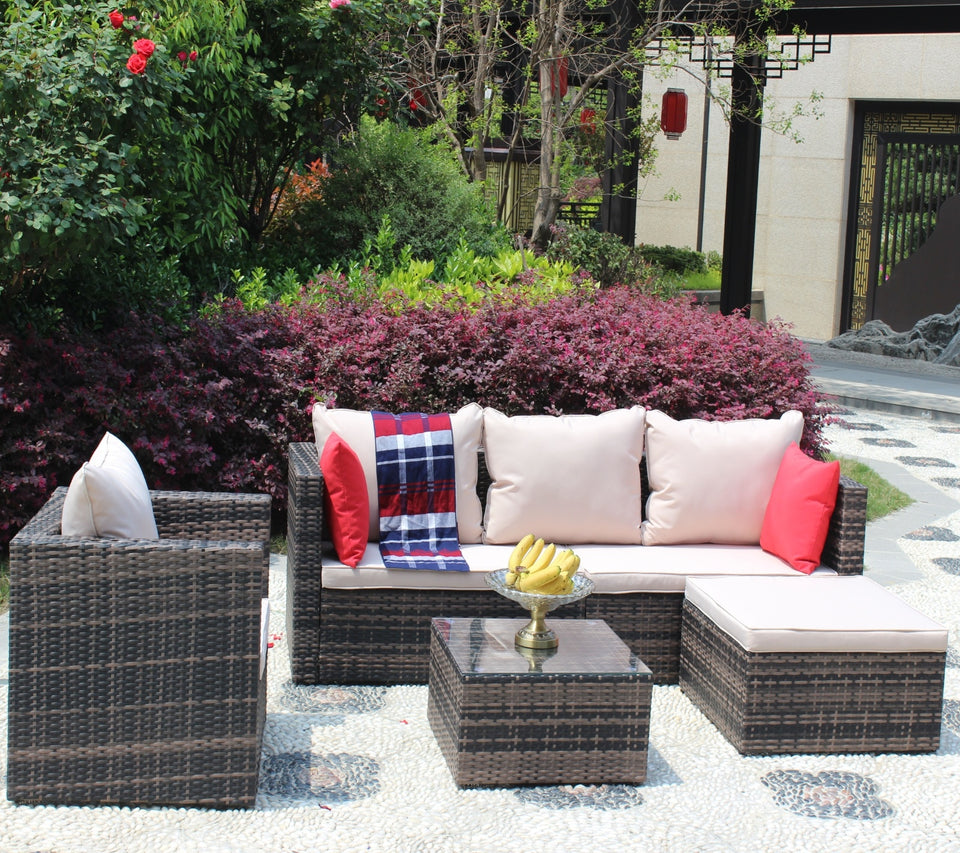 Rattan Patio Furniture Set Wicker Sofa Cushioned Sectional, 4 Pc Garden Set