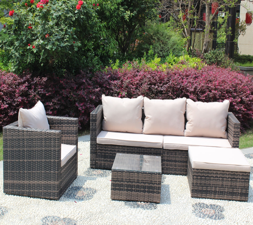 Rattan Patio Furniture Set Wicker Sofa Cushioned Sectional, 4 Pc Garden Set