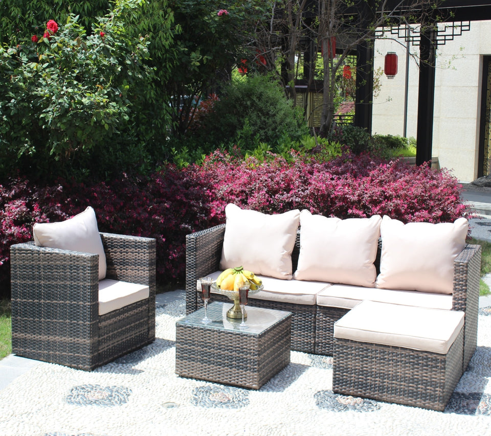 Rattan Patio Furniture Set Wicker Sofa Cushioned Sectional, 4 Pc Garden Set