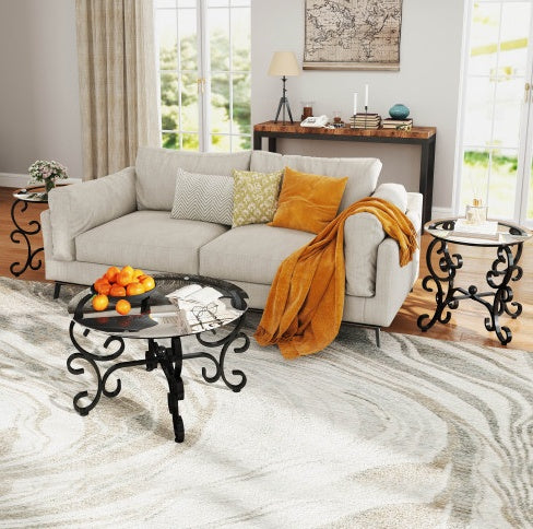 3 Piece Tempered Glass Surface Coffee Table Set, Decor Coffee Table Round End Side Table With Sturdy Construction For Living Room
