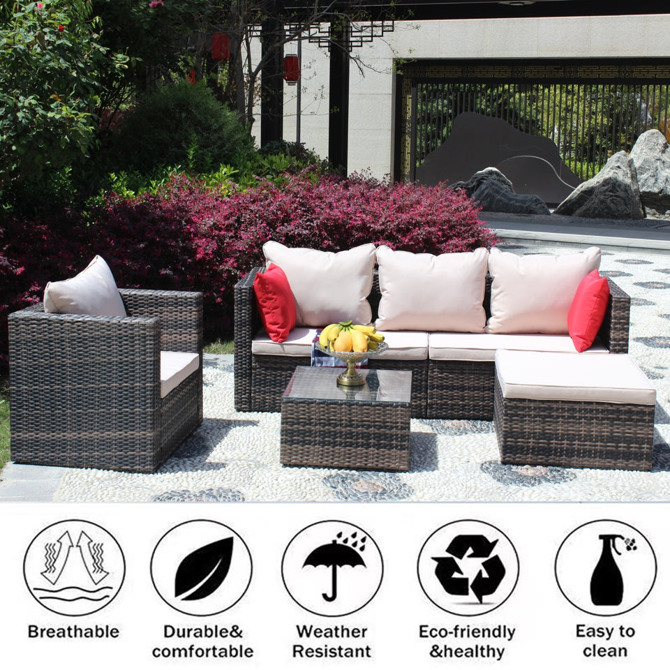 Rattan Patio Furniture Set Wicker Sofa Cushioned Sectional, 4 Pc Garden Set
