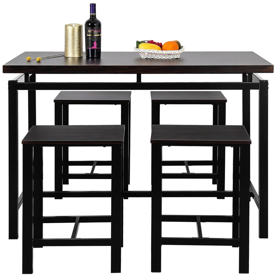 5pcs/Set Dining Table Set 4 Chairs Metal Kitchen Room Furniture Black